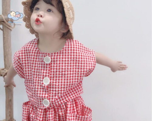 Đầm Caro Cho Bé Gái đỏ cute